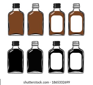 Eight glass cognac mini bottles russian style with a cap and open with blank white labels