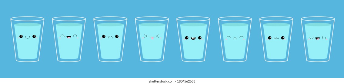 Eight glass cup of water icon set. Drink more water. Steal Aqua drop. Cute cartoon kawaii funny baby character. Different face emotion. Eyes, mouth. Flat design. Blue background. Isolated. Vector