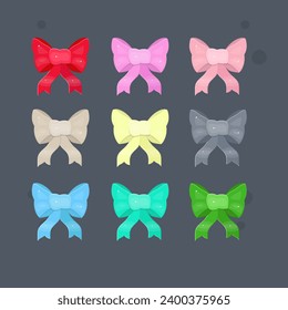 Eight Glossy Glamour Christmas Or Birthday  Ribbon Bow Set In Different Colors  Isolated Gift Vector Set