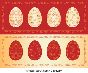 Eight gold and red Easter eggs. Vector illustration.