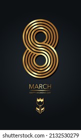 Eight of gold striped, 8 march luxury postcard. Shiny strips golden lettering pattern. Digit eight made of gold foil on black background. Glowing International womens day banner or poster or card