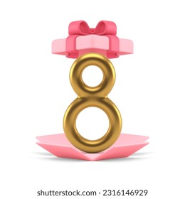 Eight golden number in open pink gift box International Women's Day surprise 3d icon realistic vector illustration. Premium present holiday festive congratulations cardboard container with bow ribbon