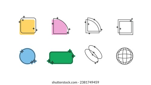 Eight graphic design elements in yellow, pink, blue, green colors. Aesthetic shapes in y2k style, memphis frames, simple forms isolated on white background for social media, web. Vector