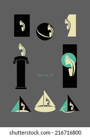 eight graphical symbols, elements with the motif of a woman's face in black and turquoise colors
