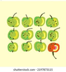Eight green apples and a red one on yellow background