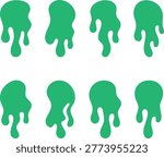 Eight green dripping slime splatters on a white background liquid