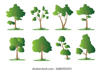Eight green trees stand on small patches of grass against a white backdrop vector illustration