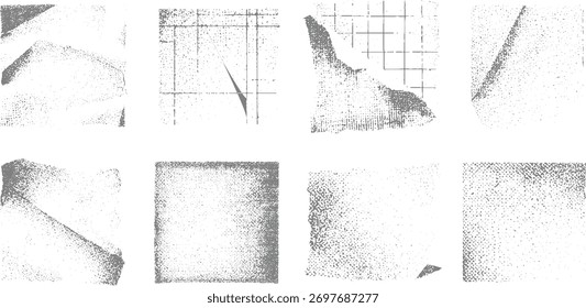 Eight grey textured graphic elements featuring dot patterns and geometric shapes on a white background.