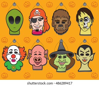 Eight Halloween masks hanging on a store wall