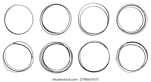 Eight hand drawn circle frames with sketchy black ink lines arranged in a two row grid on a white background