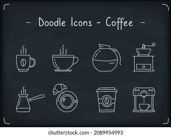 Acht handgezeichnete Kaffee-Doodle-Symbole, Vektorgrafik eps10