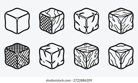 Ocho cubitos de hielo dibujados a mano en diferentes texturas y patrones de varios diseños para bebidas frías y de verano