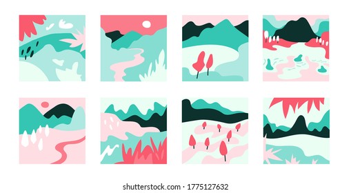 Eight hand drawn trendy Vector illustrations. Mountain, river view. Hills, clouds, sun, moon. Paper cut style. Flat abstract design. Scandinavian style illustration.  Cool Backgrounds