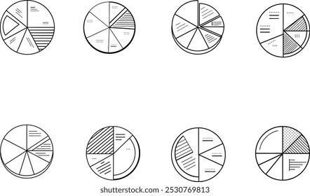 Ocho gráficos circulares dibujados a mano para la visualización de datos