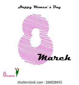 Eight hand-drawn pink color. Happy Women's Day, 8 March with 3 tulips