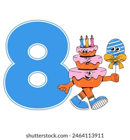 Eight Happy Birthday party sticker in retro groovy style. Funky walking character and number 8. Vintage mascot psychedelic smile. Vector illustration 
