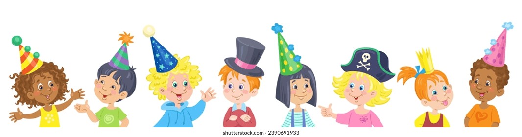 Eight happy children of different nationalities in festive hats are talking. Banner in cartoon style. Isolated on white background. Vector flat illustration.