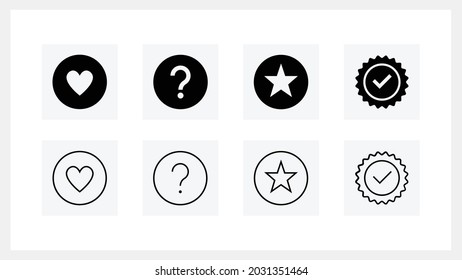 ocho marca de interrogación de corazón marca de verificación estrella relleno y contorno negro plano estilo moderno eps conjunto de iconos