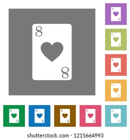 Eight of hearts card flat icons on simple color square backgrounds