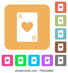 Eight of hearts card flat icons on rounded square vivid color backgrounds.