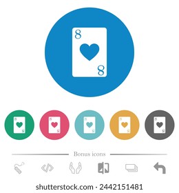 Eight of hearts card flat white icons on round color backgrounds. 6 bonus icons included.