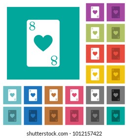 Eight of hearts card multi colored flat icons on plain square backgrounds. Included white and darker icon variations for hover or active effects.