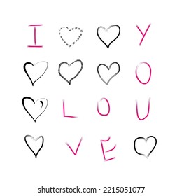 Eight hearts drawn by hand with a black marker on a white background. The inscription I love you written by hand. Vector illustration for your graphic design.