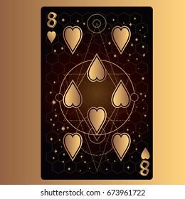 Eight of hearts. Playing card with original design on the theme of space.