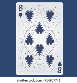 Eight of hearts. Playing card with original design on the theme of space.