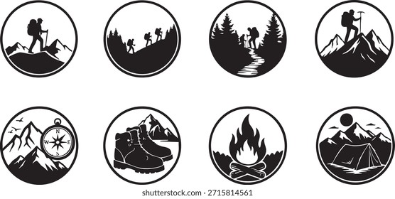 Eight hiking icons with various elements isolated on a transparent background
