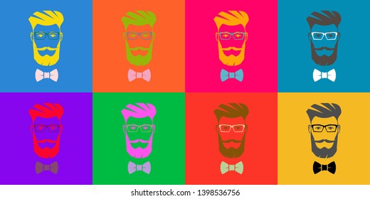 Eight hipsters. Pop Art. Silhouettes of an attractive men. Icons, avatars, silhouettes of an attractive men with a beard and mustache. Multicolored illustration in flat style.