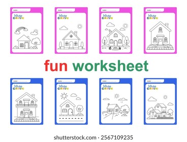 Eight home coloring worksheets for early childhood, kindergarten, or preschool. There are simple houses, houses and trees as well as second-floor houses