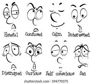 Eight human faces with different emotions illustration