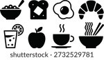 Eight iconic representations including cereal, toast, fried egg, croissant, juice, apple, coffee, and noodles in a clear grid.