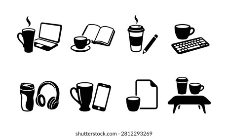 Eight icons depict coffee cups paired with laptops books pens keyboards phones headphones documents and small tables