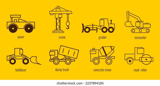 Eight icons of road construction vehicles on a yellow background