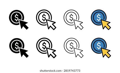 Eight icons show a cursor clicking circular targets containing dollar signs in different colors and styles