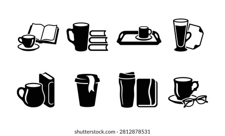 Eight icons showing coffee cups with books newspapers and reading glasses