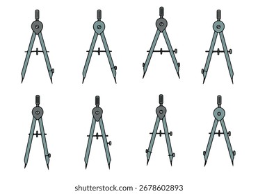 Eight identical drawing compass illustrations symbolizing geometry, drafting, and design, arranged uniformly on a clean white background.