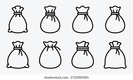 Ocho bolsas de dinero de arte de línea simple idénticas con tops atados en dos filas sobre iconos financieros de fondo gris