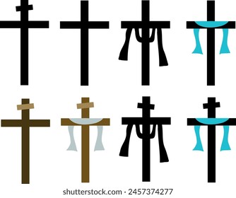 eight images of the cross of Christ of various shapes. plain cross. cross with long cloth white blue