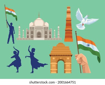 eight independence india set icons