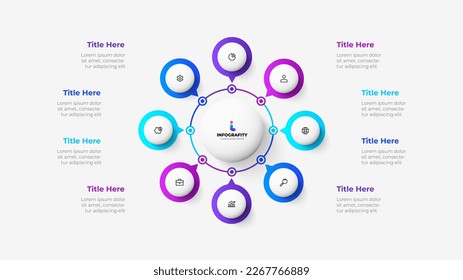 Ocho círculos de infografía. Plantilla para presentación de negocios de ciclo. Ilustración de diseño gráfico de información de vector con 8 opciones