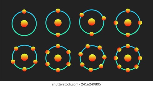 Eight Ion or Electron Illustration Pack - Ranging from One to Eight. Gradient Version. Vector Illustration. Ion Logo Symbol Pack.