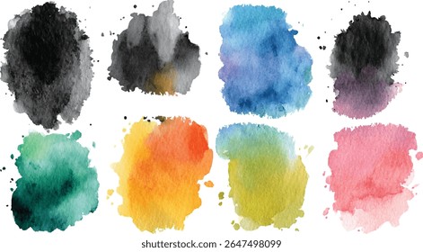 Eight irregular watercolor paint blobs in various colors including teal orange yellow green blue pink black and gray on white background
