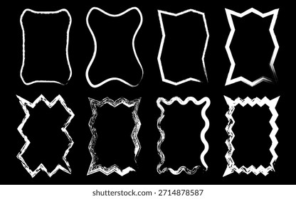 Eight irregular white shapes with jagged edges on a solid black background