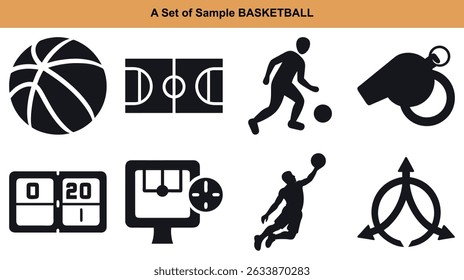 Eight isolated black icons represent a basketball with lines, court view, player dribbling, silhouette jumping for ball, and a scoreboard showing score zero to twenty-one.