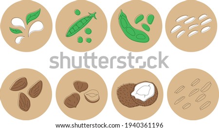 Eight isolated vector icons for social media story highlight covers. Various dairy free milk substitutes illustrations with editable stroke.