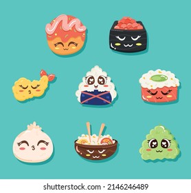 eight japanese food kawaii characters