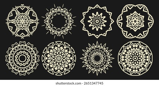 Eight lacy white mandalas, round ornaments, designs for your projects on a black background. Vector set 2
